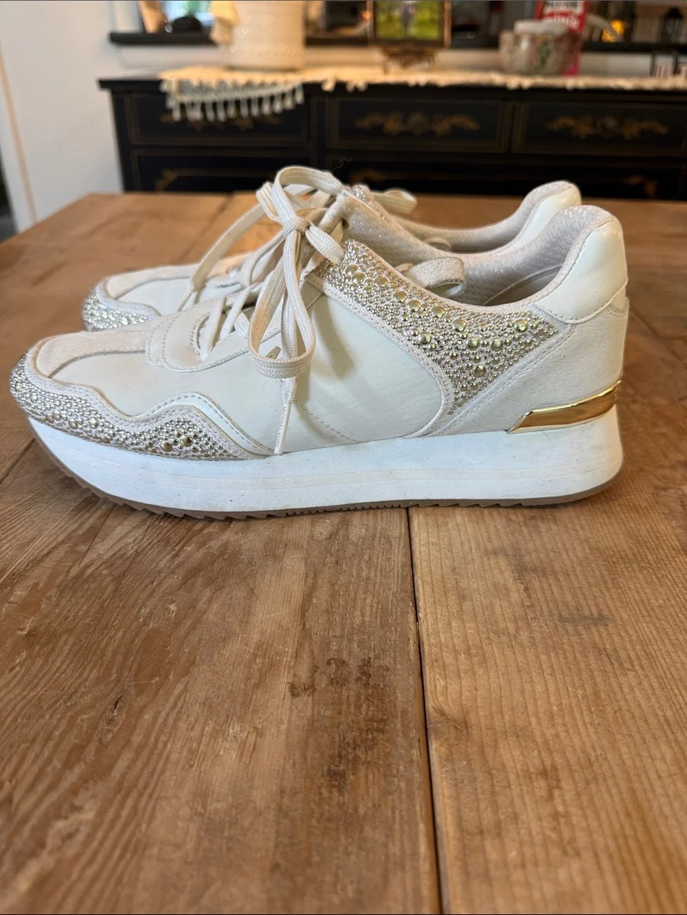 Michael Kors White Kids Sneakers with Gold Rhinestone Accents